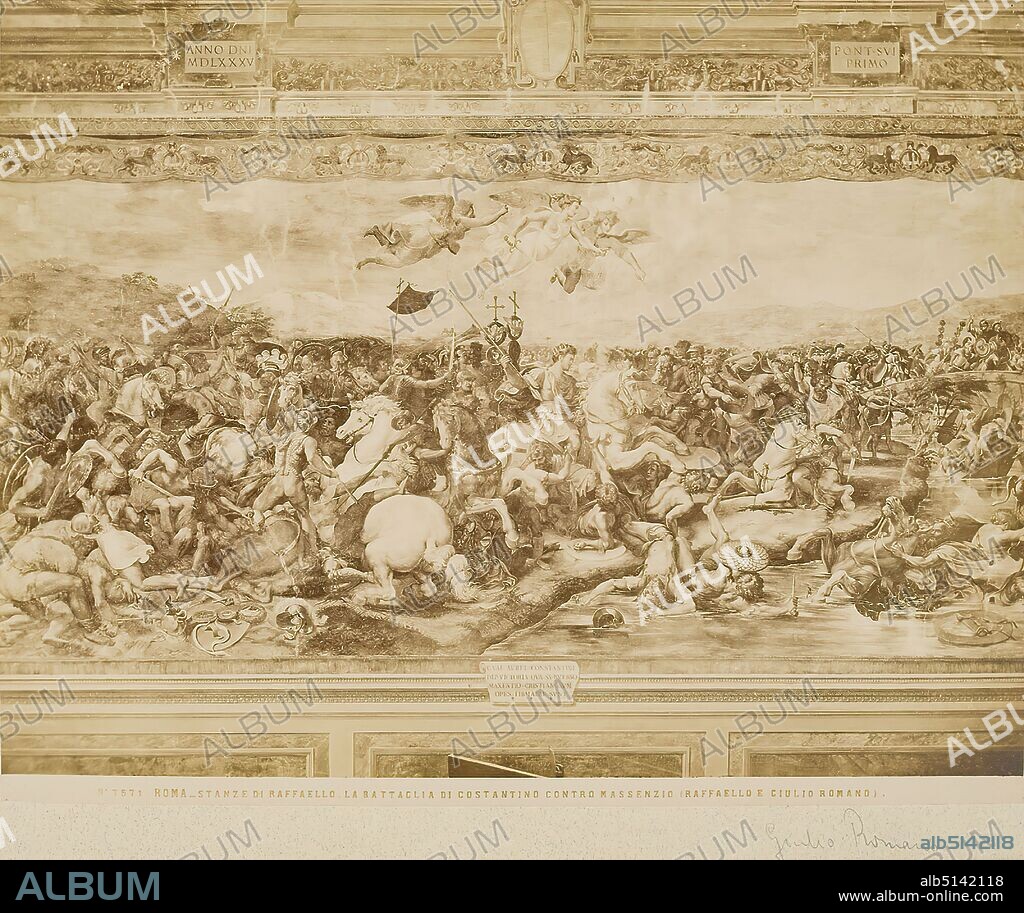 Raffaello Sanzio and Giulio Romano: The Battle of the Milvian Bridge, Sala di Costantino, Vatican Palace, Rome, albumin paper, black and white positive process, image size: height: 19,30 cm; width: 24,40 cm, ROMA - STANZE DI RAFFAELLO. LA BATTAGLIA DI COSTANTINO CONTRO MASSENZIO. (RAFFAELLO E GIULIO ROMANO). Recto u. r. in lead: Giulio Romano.