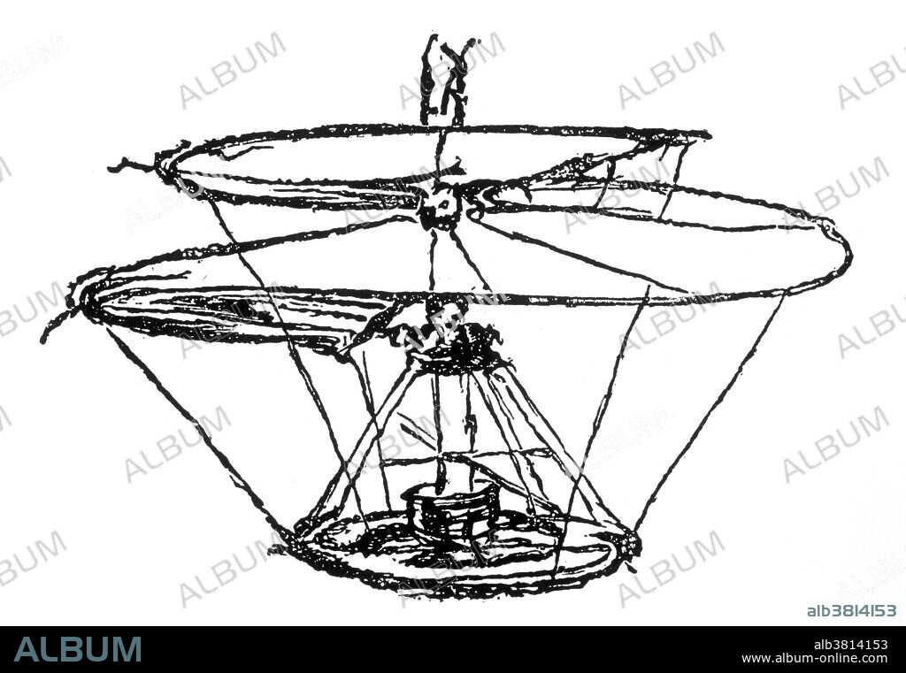 A sketch by Leonardo da Vinci of a flying machine known as the "helical air screw" or the "airscrew". It was designed to compress air to obtain flight, similar to modern helicopters.