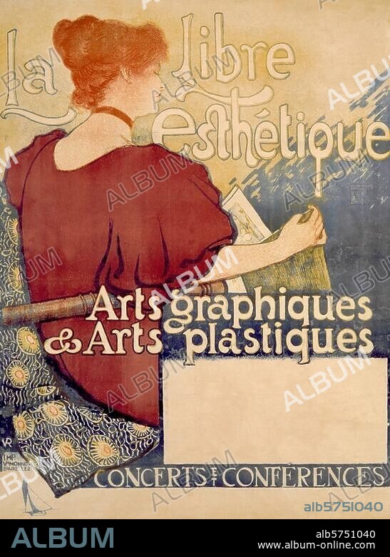 Expositions: expositions d'art . "LA LIBRE ESTHETIQUE (...) ". Affiche de l'exposition bruxelloise du même nom. Lithographie coul., 1896, de Théo van Rysselberghe, 1862-1926). Imp. : Vve Monnon, Bruxelles.