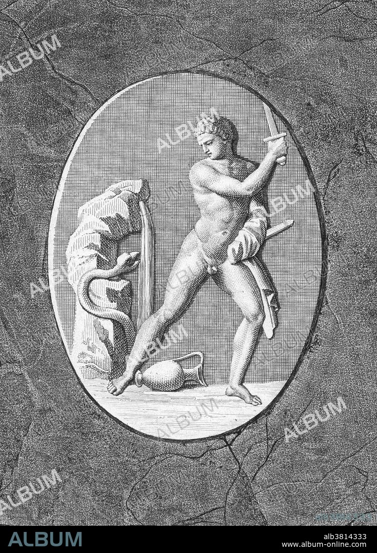Cadmus, in Greek mythology, was a Phoenician prince who slew the Ismenian Serpent, of the spring of Ismene at Thebes, Greece. By the instructions of Athena, he sowed the dragon's teeth in the ground, from which there sprang a race of fierce armed men, called the Spartoi. By throwing a stone among them, he caused them to fall upon one another until only five survived. They joined Cadmus and helped him to build the citadel of Thebes, and became the founders of the noblest families of that city. Cadmus was credited by the ancient Greeks with introducing the original Alphabet or Phoenician alphabet to the Greeks, who adapted it to form their Greek alphabet. Herodotus estimates that Cadmus lived sixteen hundred years before his time, or around 2000 BC. Cadmus was of divine ancestry, the grandson of the sea god Poseidon and Libya on his father's side, and of Nilus (the River Nile) on his mother's side. He was considered a member of the fifth generation of.