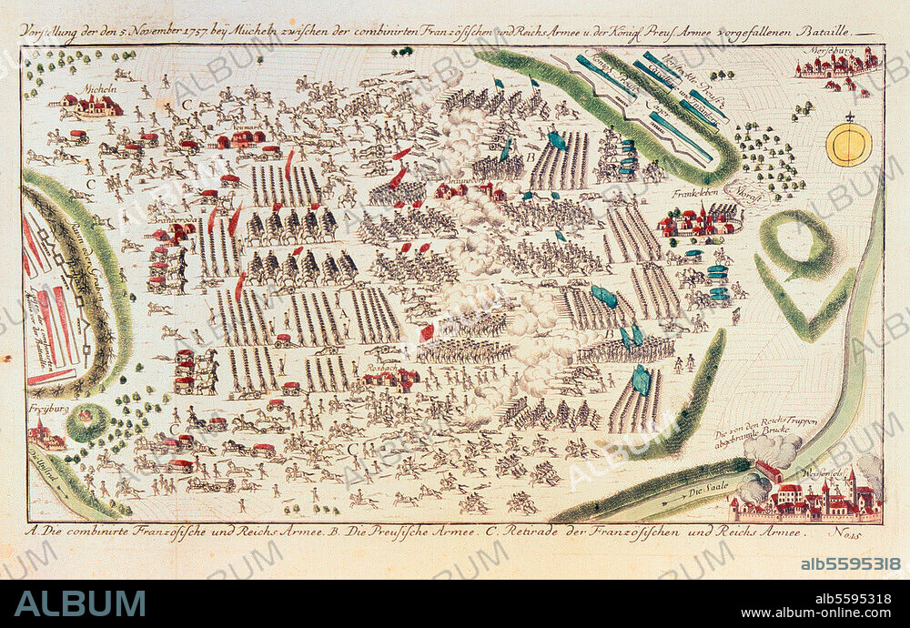 ANONYM. Siebenjähriger Krieg 1756-63 / Schlacht bei Roßbach 5. Nov. 1757 (Sieg Friedrichs d. Gr. über die Franzosen unter Soubise und die Reichsarmee). Schlachtplan. Kupferstich , koloriert. 40 × 24 cm. Merseburg, Zentrales Staatsarchiv.