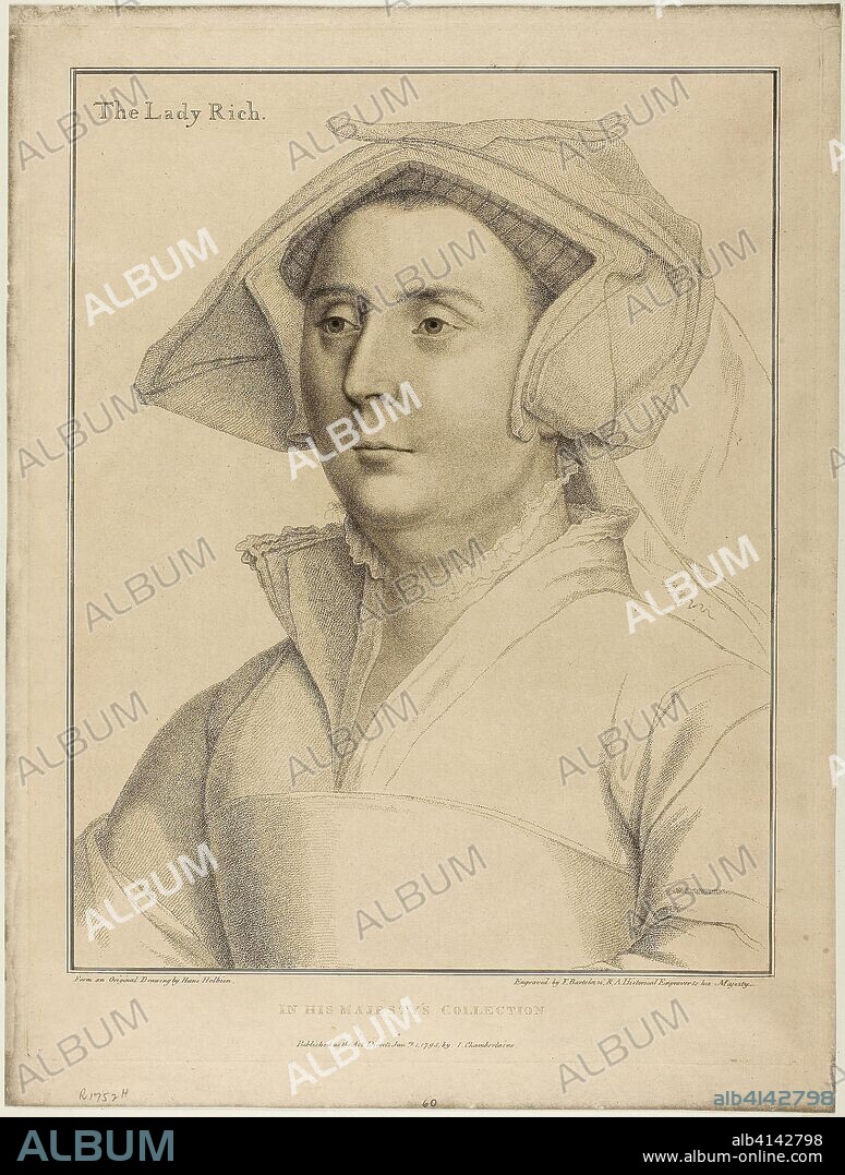 Lady Rich. Francesco Bartolozzi (Italian, 1727-1815); after Hans Holbein the younger (German, 1497-1543). Date: 1795. Dimensions: 378 x 296 mm (image); 431 x 329 mm (plate); 461 x 348 mm (sheet). Stipple engraving on buff wove paper. Origin: Italy.