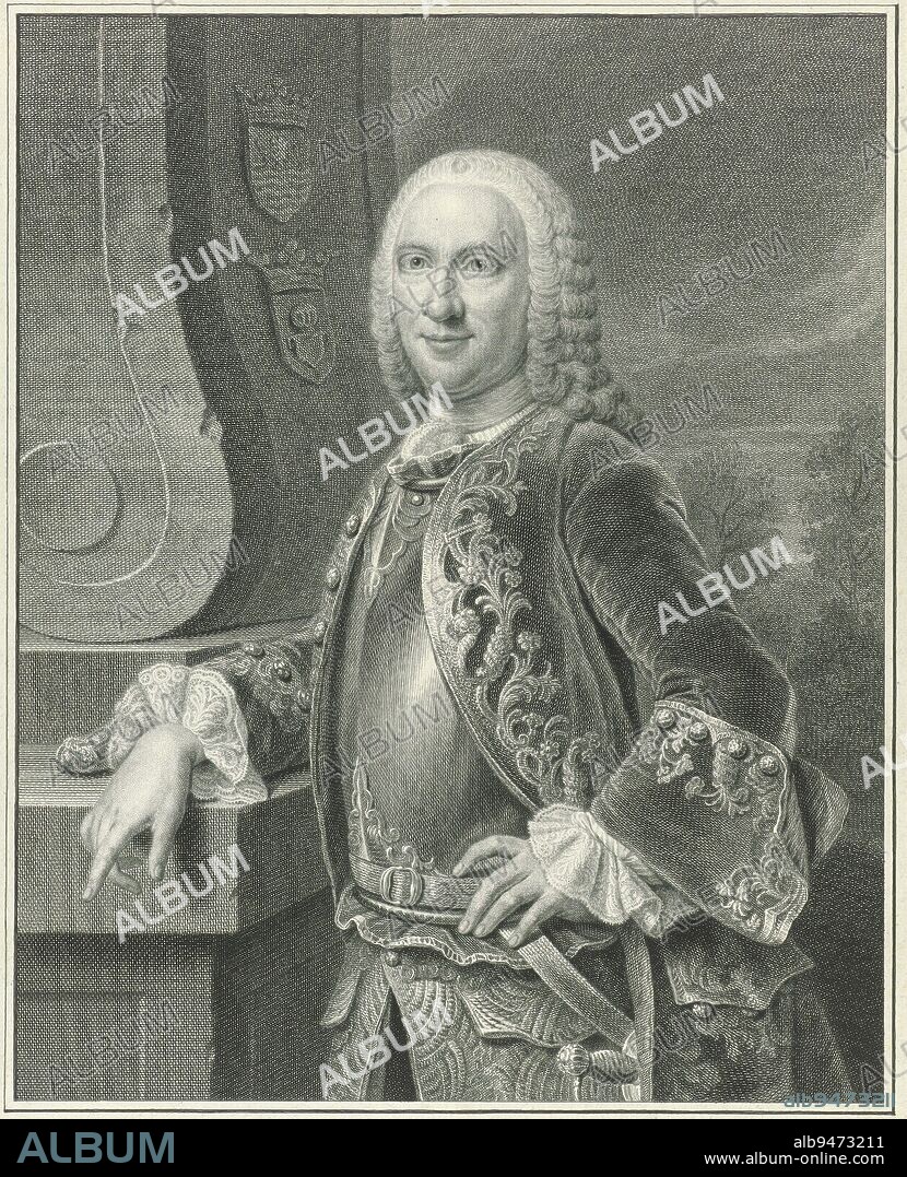 Portrait of Jan van Borssele van der Hooge, representative of Prince William IV in Zeeland, dressed in armor, standing by a monument. Portrait of Jan van Borssele van der Hooge, print maker: Pieter Tanjé, after: Jean Fournier, Amsterdam, 1754, paper, engraving, etching, h 359 mm × w 246 mm.