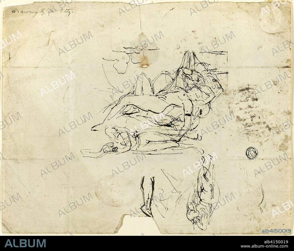 Sketches of Reclining Female Nude and Amorous Couple. William Etty; English, 1787-1849. Date: 1807-1849. Dimensions: 188 × 234 mm. Pen and brown ink on ivory wove paper. Origin: England.