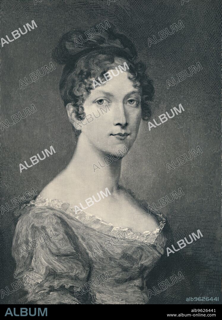 R. G. TIETZE. 'Marie-Anne-Elisa Bonaparte, wife of Felice Pasquale Bacciocchi; Princess of Lucca and Piombino, Grand Duchess of Tuscany, Countess of Compignano', c late 19th century, (1896). Maria Anna Elisa Bonaparte Baciocchi Levoy (1777-1820) was the sister of Napoleon Bonaparte. Engraving after a painting made c1797-1823 by Pierre Prud'hon. From Life of Napoleon Bonaparte, Volume I, by William Milligan Sloane. [The Century Co., New York, 1896].