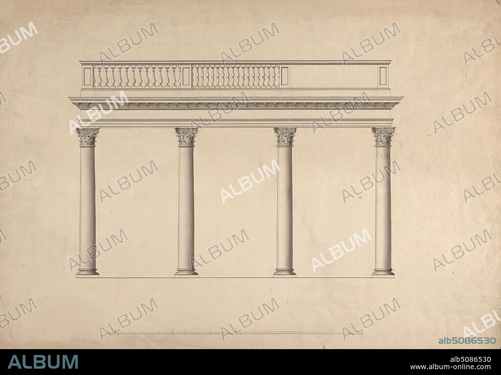 Cobham Hall, Kent: Elevation of Colonnade with Balustraded Parapet, James Wyatt, 17461813, British, ca. 1790, Pen and black ink with gray wash on moderately thick, slightly textured, cream laid paper, Sheet: 14 5/8 x 19 7/8 inches (37.1 x 50.5 cm), architectural subject, balcony, columns (architectural elements), Corinthian order, elevations (drawings), Cobham, Cobham Hall, England, Kent, United Kingdom.