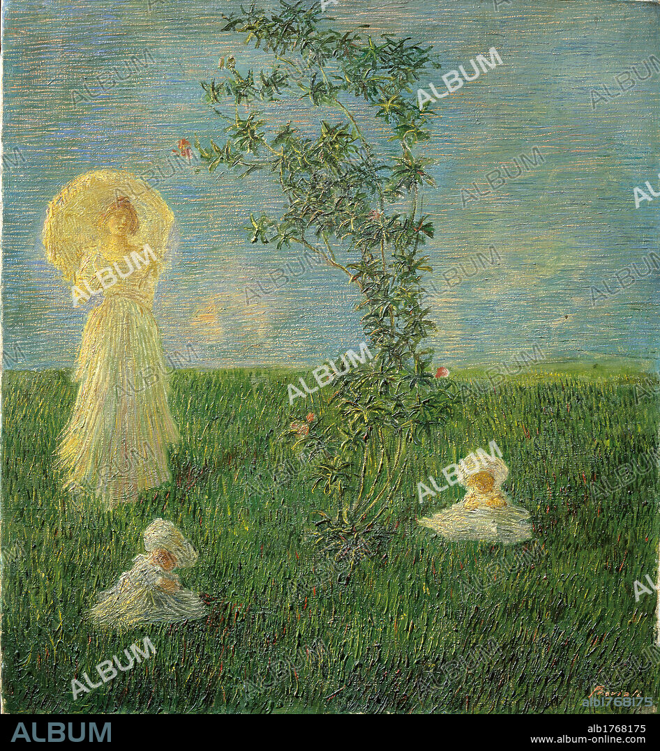 Morning scene, by Gaetano Previati, 1889 about, 19th Century, oil on canvas, cm 62 x 56. Italy, Tuscany, Florence, Palazzo Pitti, Gallery of Modern Art. It is one of the earliest works in which Previati uses the new technique of color sweeping a very simple green-blue two-tonebitonal color layout.  All. Little girls young woman parasol sunshade green meadow grassland light blue azure sky grass cloud shrub. Authorization required for non editorial use.