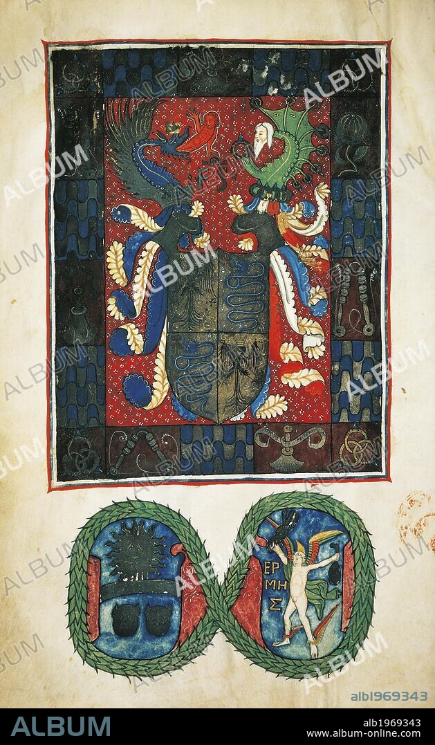 Coat of arms of the Sforza family, by Francesco Filelfo (1398-1481), illuminated manuscript page. Heraldry, Italy, 15th century.