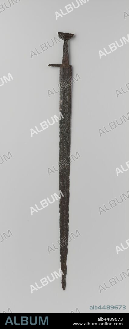 Iron sword, double-edged. The handle, which misses the turning, has a flat semi-circular knob and a short straight guard. Parentering rod is half present. Blood channel over almost the entire length of the blade, Netherlands, anonymous, c. 1000 - c. 1100, iron (metal), l 96 cm w 9 cm Ã— h 1.9 cm l 85 cm Ã— w 4.5 cm.