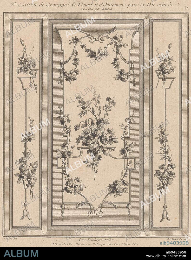 Three oblong panels with wickerwork and flowers, Three panels with flowers D Ve Cahier de Grouppes de Fleurs et d'Ornemens pout la D, print maker: Pierre Gabriel Berthault, (mentioned on object), intermediary draughtsman: Pierre Ranson, (mentioned on object), publisher: Jacques-François Chéreau, (mentioned on object), Paris, 1768 - 1786, paper, etching, h 234 mm × w 193 mm.