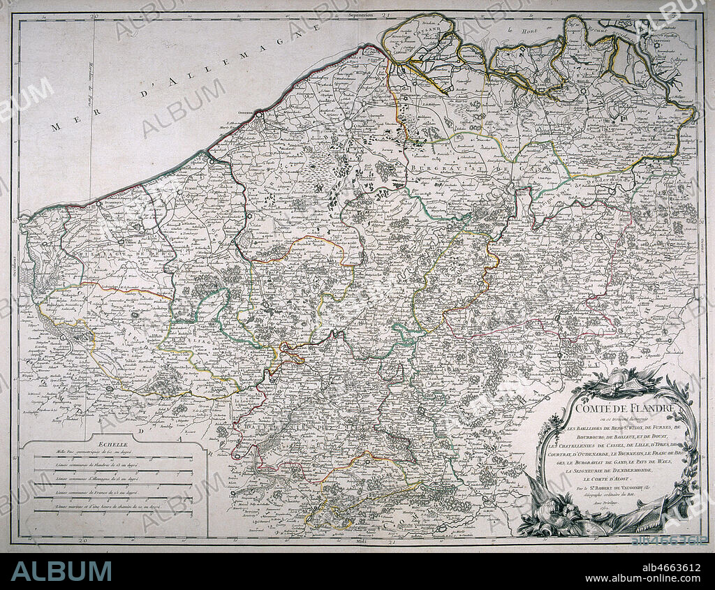 Carte geographique du comte de Flandres, realisee par Gilles Robert de VAUGONDY (1688-1766) en 1753. Credit : Collection MX/KHARBINE-TAPABOR.