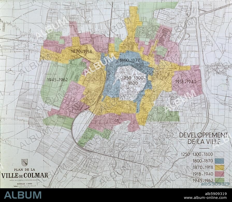 Colmar (Elsaß, Dép. Haut-Rhin, Frankreich). "Developpement de la ville" (Stadtplan zur Entwicklung der Stadt von 1250/1300 bis 1962.). Farbdruck.
