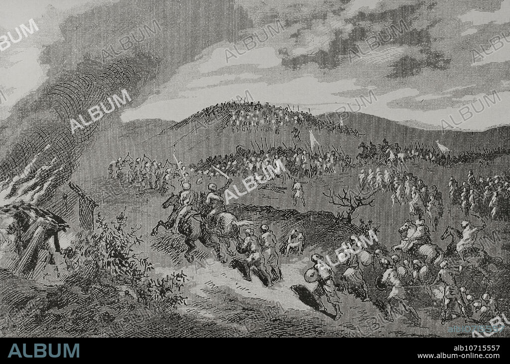 Iberian peninsula. Battle of Calatañazor (July 1002). Legendary confrontation between the Muslim army of the Umayyad Caliphate of Córdoba, led by Abu Amir al-Mansur, and the Christian coalition of Castile (Count Sancho García), León (Alfonso V) and Navarre (Sancho Garcés III of Pamplona). Abu Amir al-Mansur was defeated. Engraving. "Glorias Españolas" (Glories of Spain). Volume II. Published in Barcelona, 1890.