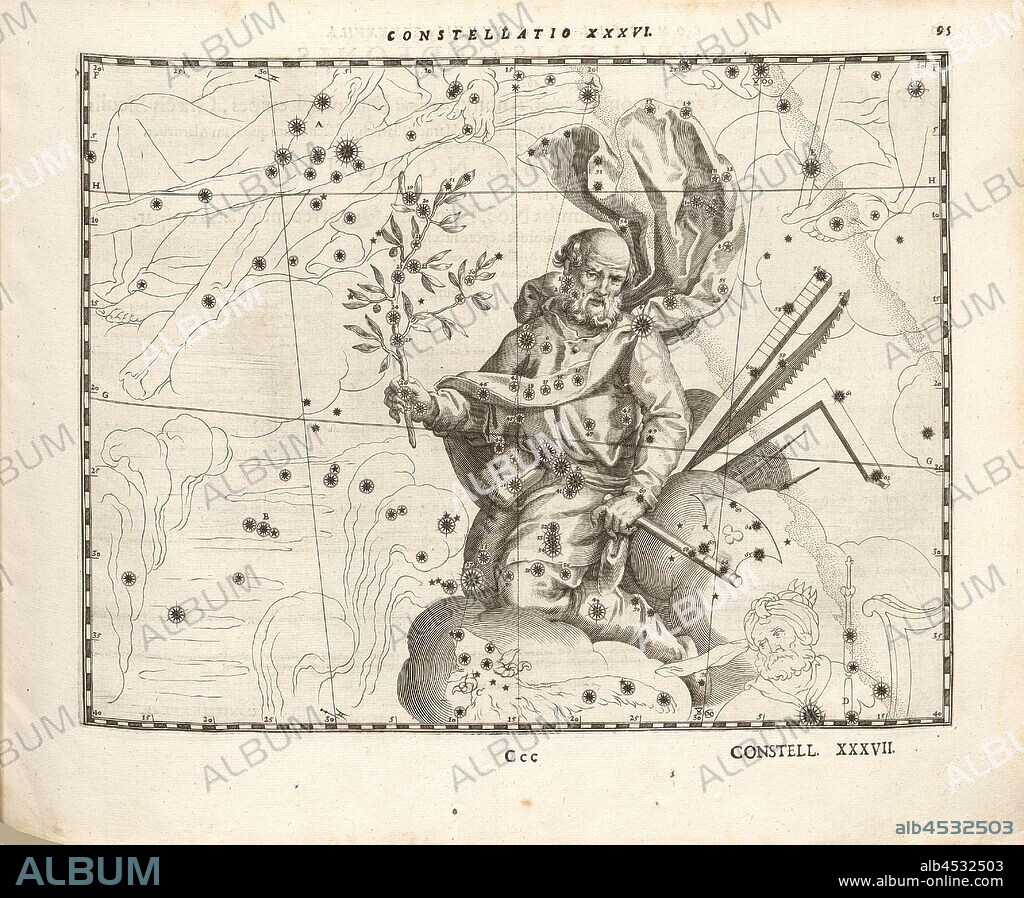 Orion, Constellation Orion, Constellation XXXVI, p. 95, Bayer, Johann; Kager, Johann Matthias; Kilian, Lucas; Schecks, Kaspar, 1627, Julius Schiller: Coelum stellatum christianum (...). Augustae Vindelicorum [Augsburg]: praelo Andreae Apergeri, 1627.