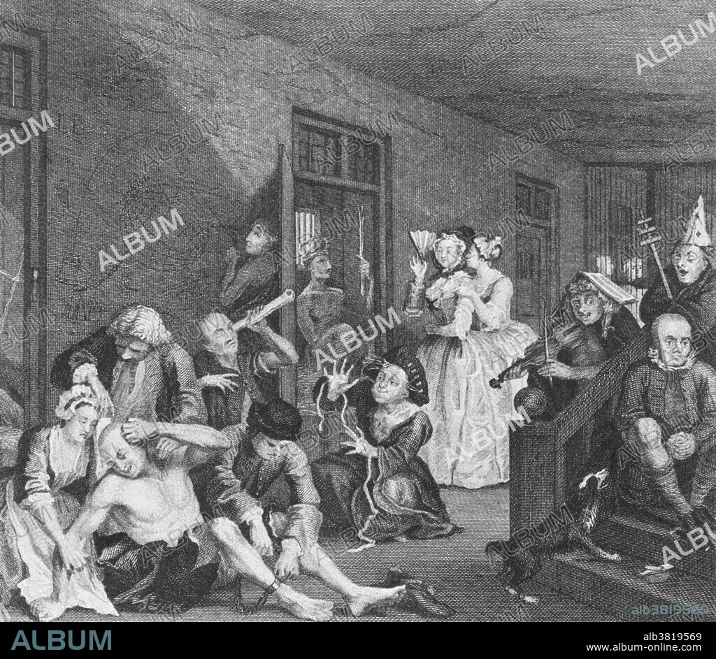 "Bedlam", an engraving by the English artist William Hogarth (1697-1764), depicting mentally disturbed patients on a ward at the Bethlehem Hospital, London. The original engraving was published in 1735 and comprised plate 8 in the series "The Rake's Progress". Dissolution of character and destructive self-indulgence have resulted in the Rake (semi-naked, bottom left) to be admitted to the lunatic asylum. Ignored by the other inmates, he is comforted by a kind-hearted woman whilst the attendants fit him with legirons. His incarceration is serenaded by a demonic violin-player, who wears a manuscript on his head.