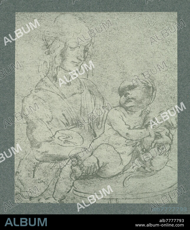 Leonardo da Vinci; 1452-1519. "Die Jungfrau mit dem Kinde, eine Katze umfassend". Faksimile des Originals "Studie zur Madonna mit Katze", 1480 (Feder, Tusche und Lavierung auf Papier, 12,5 × 10,5 cm. Inv. Nr. 421 E r. Florenz, Gabinetto Disegni e Stampe). Reproduktion im Kohledruckverfahren nach Fotografie der Photographischen Kunstanstalt Adolphe Braun (Adolphe Braun, 1812-1877, unter Mitarbeit von Charles Braun, 1815-1872, Henri Braun, 1837-1876, und Gaston Braun, 1845-1928). Aus der Mappe: Handzeichnungen von Leonardo da Vinci. Reproduziert und herausgegeben von Braun und Cie., Paris, Dornach (Elsaß), London und New York, o. J., Zweiter Teil, 60 Handzeichnungen auf 40 Tafeln in einer Mappe vereinigt, Nr. 17 a. Privatsammlung.