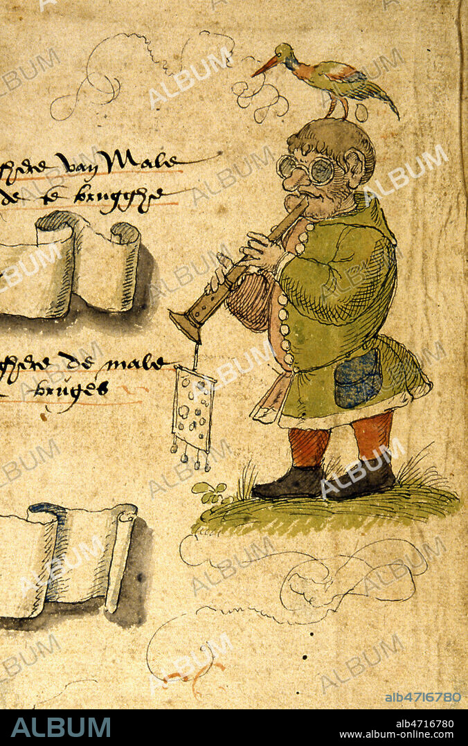 Homme jouant de la flute avec un oiseau sur la tete. Enluminure tiree d'un recueil de chansons datant de 1542 (16e, 16eme, XVIe s.). Manuscrit conserve a la bibliotheque municipale de Cambrai. Credit : Jean Vigne/KHARBINE-TAPABOR.