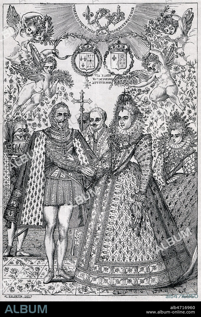 Mariage de HENRI IV et de Marie de MEDICIS (1573-1642) pour le chateau de Blois', le 3 mai 1617, gravure vers 1900 in Histoire de France en 100 tableaux. Credit : Collection Grob/KHARBINE-TAPABOR.