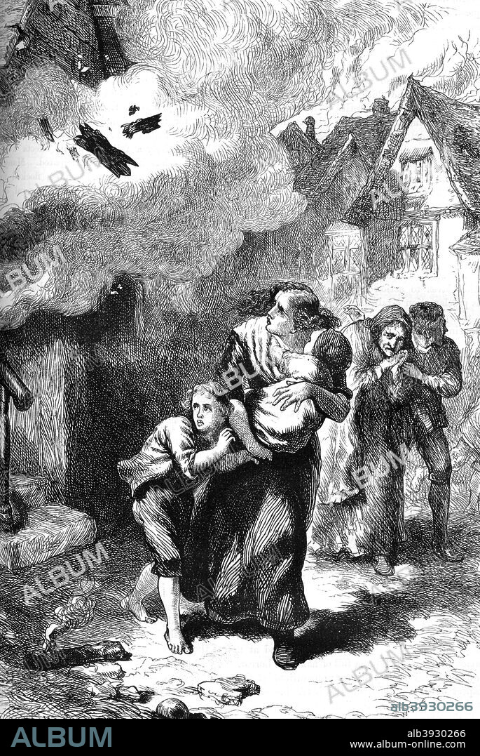 The burning of Norfolk, Virginia, 1776 (c1880). The town of Norfolk was destroyed by fires after an eight hour bombardment by British warships on New Year's Day 1776.  A print from Cassell's History of the United States, by Edmund Ollier, Volume II, Cassell Petter and Galpin, London, c1880.