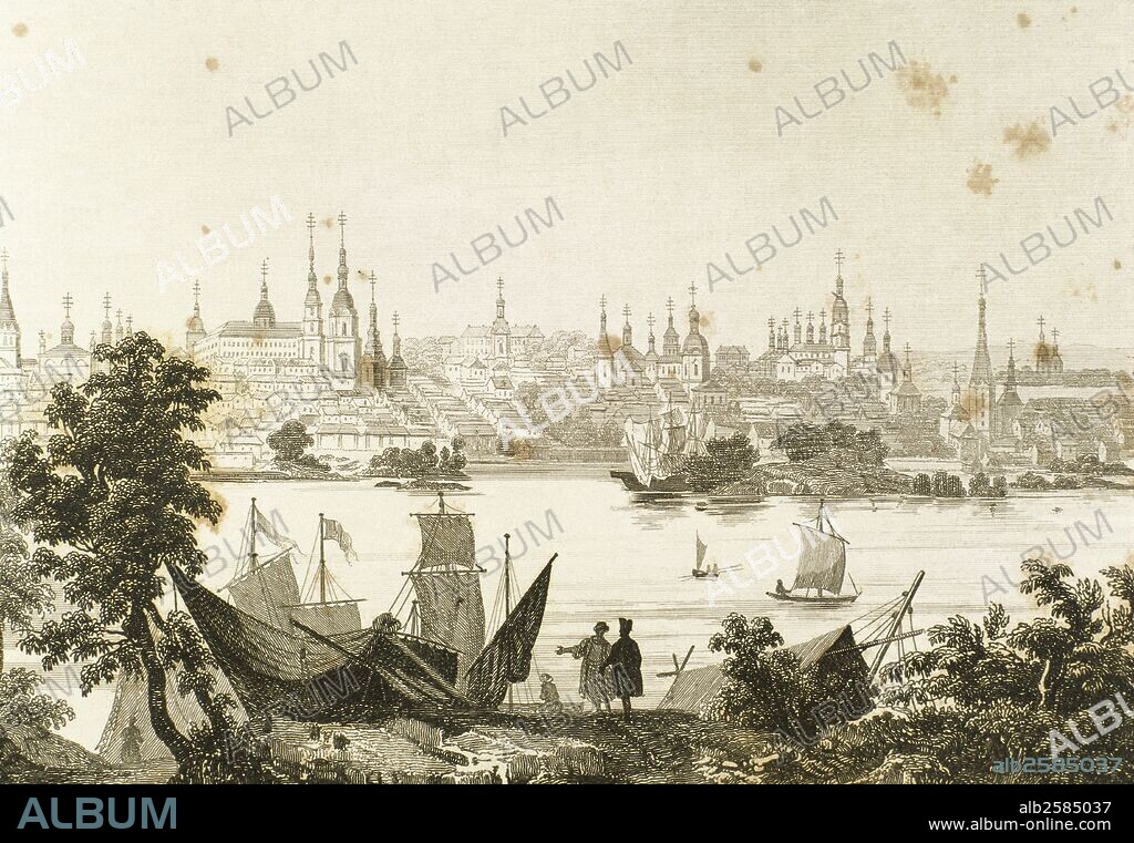 Grabado del siglo XIX que representa la ciudad de KAZAN a orillas del rio Volga, capital de los tártaros. RUSIA.
