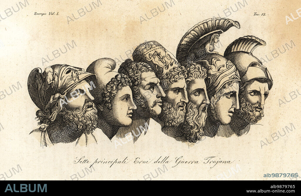 Busts of seven principal heroes of the Trojan War. From left to right
