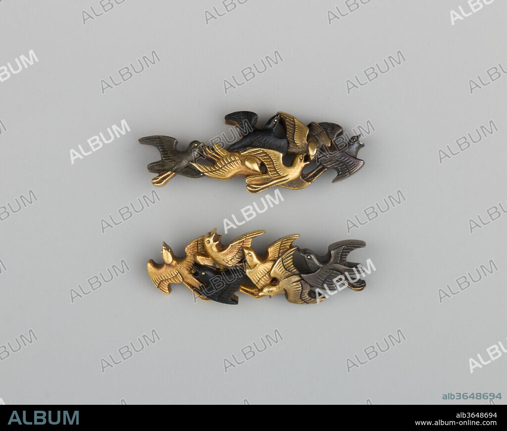 Pair of Sword-Grip Ornaments (Menuki). Culture: Japanese. Dimensions: Menuki (a); L. 1 1/2 in. (3.8 cm); Wt. 0.4 oz. (11.3 g); menuki (b); L. 1 1/2 in. (5.8 cm); Wt. 0.3 oz. (8.5 g). Date: 18th century.