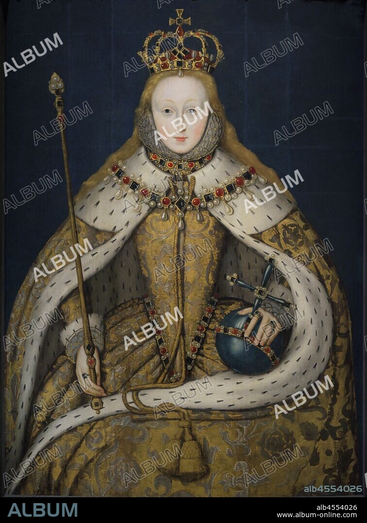 Queen Elizabeth I of England (1533-1603 . Portrait by an unknown English artist. This painting is known as "The Coronation portrait". Elizabeth is depicted crowned, wearing the cloth of gold that she wore at her coronation on January 15, 1559. Oil on panel, c. 1600. National Portrait Gallery. London, England, United Kingdom.