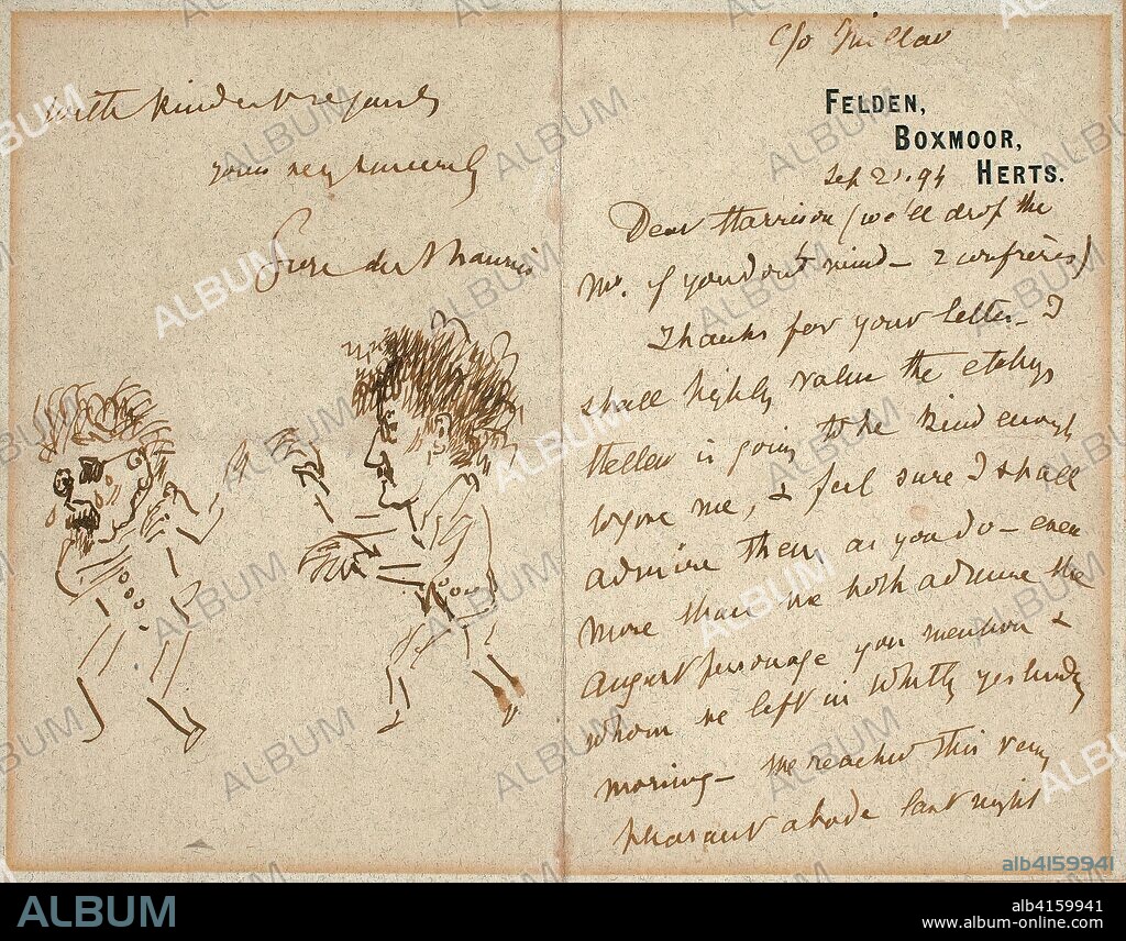 Letter with Drawing of Whistler Menacing Du Maurier. George Du Maurier; English, 1834-1896. Date: 1894-1896. Dimensions: 162 × 192 mm (sheet). Pen and brown ink on blue wove paper, with embossed printing. Origin: France.