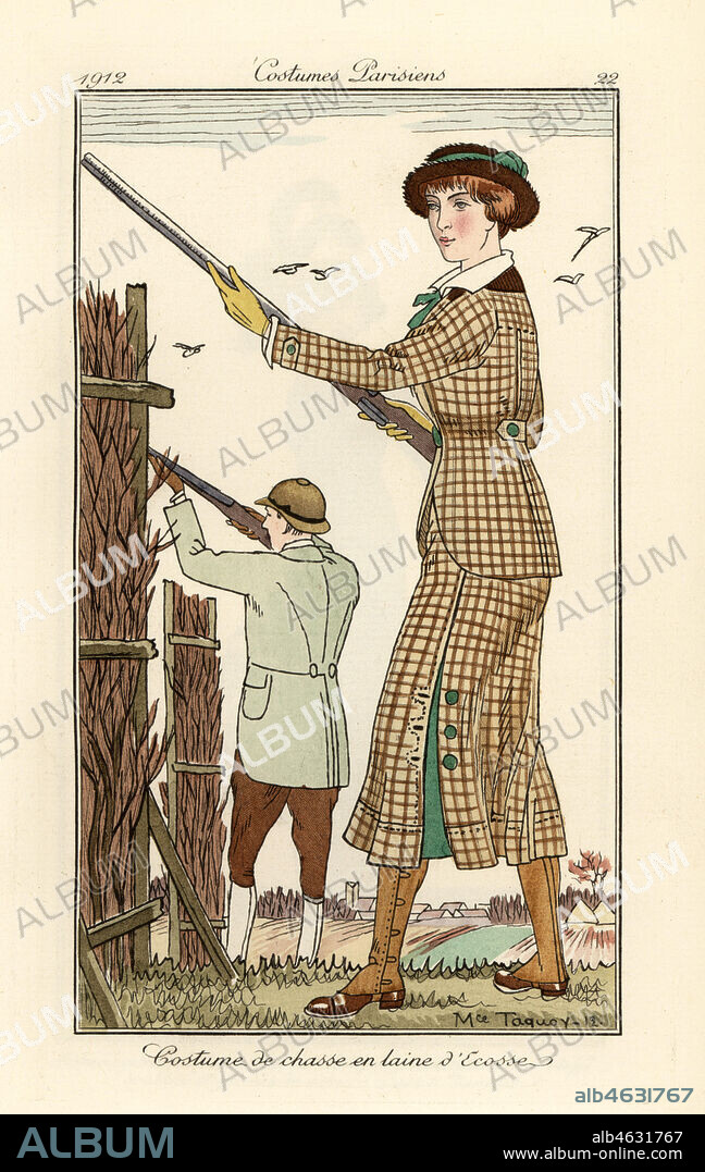Woman holding a shotgun in a hunting outfit of Scottish wool, gloves, gaiters and shoes. Costume de chasse en laine dEcosse. Handcoloured pochoir (stencil) etching after an illustration by Maurice Taquoy from Tommaso Antonginis Journal des Dames et des Modes, Aux Bureaux du Journal des Dames, Paris, 1912.