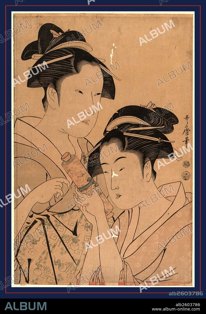 Kagiya osen to takashima ohisa, Osen of Kagiya and Ohisa of Takashima., Kitagawa, Utamaro, 1753?-1806, artist, [1793 or 1794, printed later], 1 print : woodcut, color ; 38.3 x 25.3 cm., Print shows head-and-shoulders portraits of two beautiful women, Osen waitress at the Kagiya teahouse, and Ohisa from the Takashima teahouse, one of them is holding a scroll.