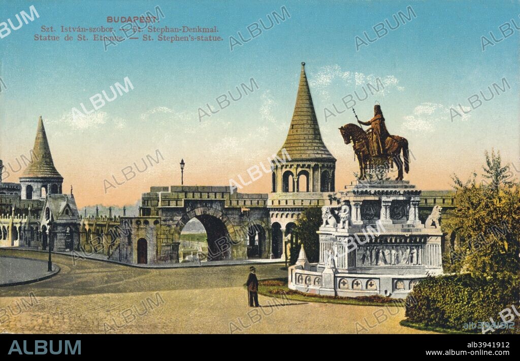 'Budapest. - St Stephen's-statue', c1900. Stephen I, also known as King Saint (c. 975-1038) was the last Grand Prince of the Hungarians between 997 and c1001, and the first King of Hungary from c1001 until his death in 1038. A statue of Saint Stephen on horseback at Fishermen's Bastion. He became one of the most popular saints in Hungary, and the date of his canonisation is celebrated as a state holiday commemorating the foundation of the nation. [N. M. Bp, c1900].