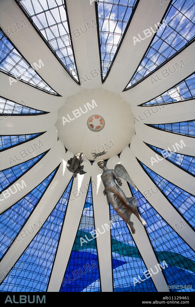 Interior of Metropolitan Cathedral of Brasilia designed by architect Oscar Niemeyer, Brasilia, Brazil, South America.
