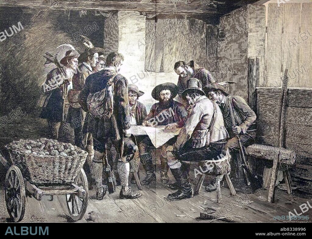 The War of the Fifth Coalition was fought in 1809 by a coalition of the Austrian Empire and the United Kingdom against Napoleon's French Empire and Bavaria, here some austrian soldiers hold a council of war / Der Fºnfte Koalitionskrieg wurde 1809 von einer Koalition des sterreichischen Kaiserreichs und des Vereinigten Knigreichs gegen Napoleons franzsisches Kaiserreich und Bayern gefºhrt, hier halten einige sterreichische Soldaten einen Kriegsrat ab, historisch, C:CC5historical, digital improved reproduction of an original from the 19th century / digitale Reproduktion einer Originalvorlage aus dem 19. Jahrhundert, Originaldatum nicht bekannt.