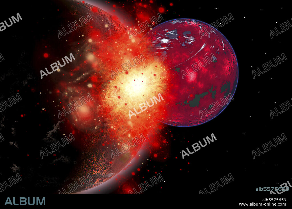 Two planets crashing into each other, eventually forming one giant world.
