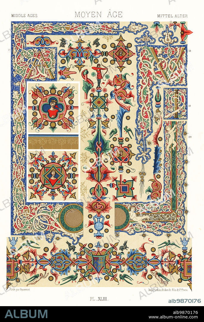 Middle Ages: illuminated manuscript. Decorations with animals, flowers, figures, and birds from an Italian manuscript attributed to Simone Memmi, 14th century, and painted margins and initials from a Suetonius and Justinian manuscripts, 15th century 17-20. Moyen Age. Hand-finished chromolithograph by Daumont from Albert-Charles-Auguste Racinets LOrnement Polychrome, (Polychromatic Ornament), Firmin-Didot, Paris, 1869-73.