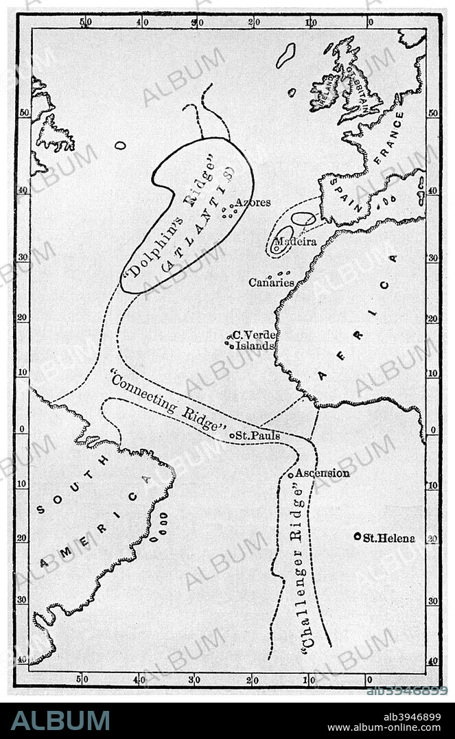 Atlantis: a map showing the location of the mythical continent, c1882 (1956). Showing its islands and connecting ridges, from deep sea soundings, from Atlantis: the Antediluvian World by Ignatius L Donnelly. Donnelly (1831-1901) was an American politician, writer and fringe scientist. His book on Atlantis, published in 1882, was a best seller, creating a mania for the idea of the legendary continent that persists to this day.