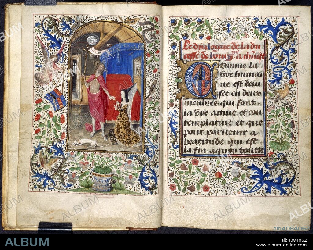 NICHOLAS FINET and FOLLOWER OF THE GIRART MASTER. Christ with Margaret of York. Dialogue of the Duchess of Burgundy with Christ. S. Netherlands [Brussels]; after 1468. [Whole opening] The risen Christ appears to the kneeling Margaret of York, Duchess of Burgundy. Opposite, the title page, beginning with initial 'C', enclosing a lozenge with the arms of the Duchess. Border decoration of flowers, birds, and an angel holding a banner with the arms of the Duchess. Produced as a presentation copy for the Duchess of Burgundy  Image taken from Dialogue of the Duchess of Burgundy with Christ.  Originally published/produced in S. Netherlands [Brussels]; after 1468. . Source: Add. 7970, ff.1v-2. Language: Flemish.