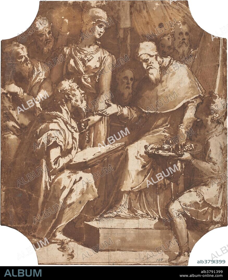 FEDERICO ZUCCARI. Federico Zuccaro / 'Dignatario arrodillado ante el Papa, recibiendo un collar y otras condecoraciones [El pintor, arquitecto y escritor Giorgio Vasari, recibiendo honores del papa Pío V (¿?)]'. 1570 - 1579. Aguada, Pluma, Preparado a lápiz, Tinta parda sobre papel amarillento, 232 x 198 mm.