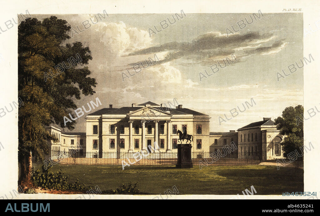 Hackwood Park House, Basingstoke, seat of Thomas Orde Powlett, 1st Baron Bolton. Statue of King George I in front of Ionic portico designed by architect Lewis Wyatt, with gardens landscaped by Charles Bridgeman and later by Lady Bolton. Handcoloured copperplate engraving from Rudolph Ackermanns Repository of Arts, London, 1825.