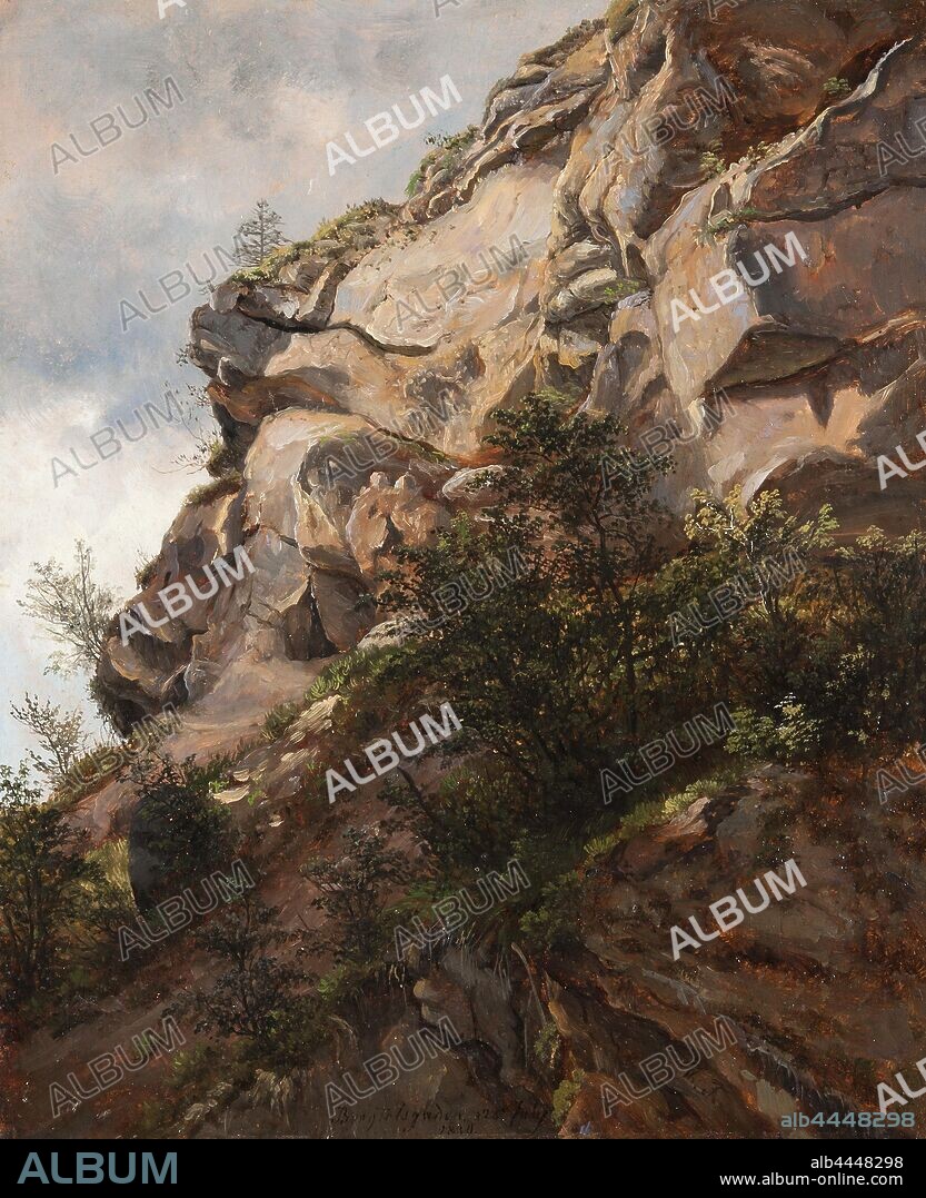 Thomas Fearnley, Rock at Berchtesgaden, Klipparti from Berchtesgaden, painting, Oil on paper mounted on wood, Height, 33.5 cm (13.1 inch), Width, 28 cm (11 inch), signed, , Th, F. Inskr, Berchtesgaden 28 July 1830.