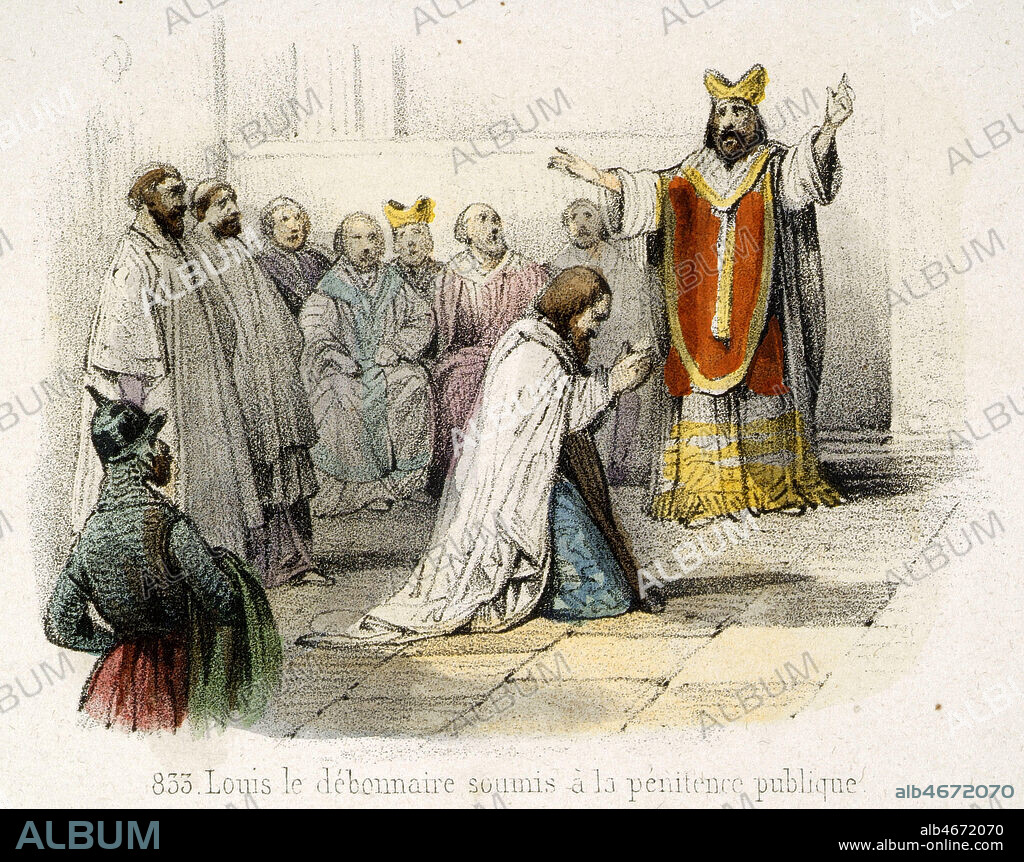 '833 : Louis le Debonnaire (778-840) soumis a la penitence publique' car il a fait tuer Bernard, son neveu roi d'Italie. Gravure de Victor ADAM (1801-1867) tiree de l'ouvrage Histoire de France en Tableaux publie en 1844. Credit : Collection Grob/KHARBINE-TAPABOR.