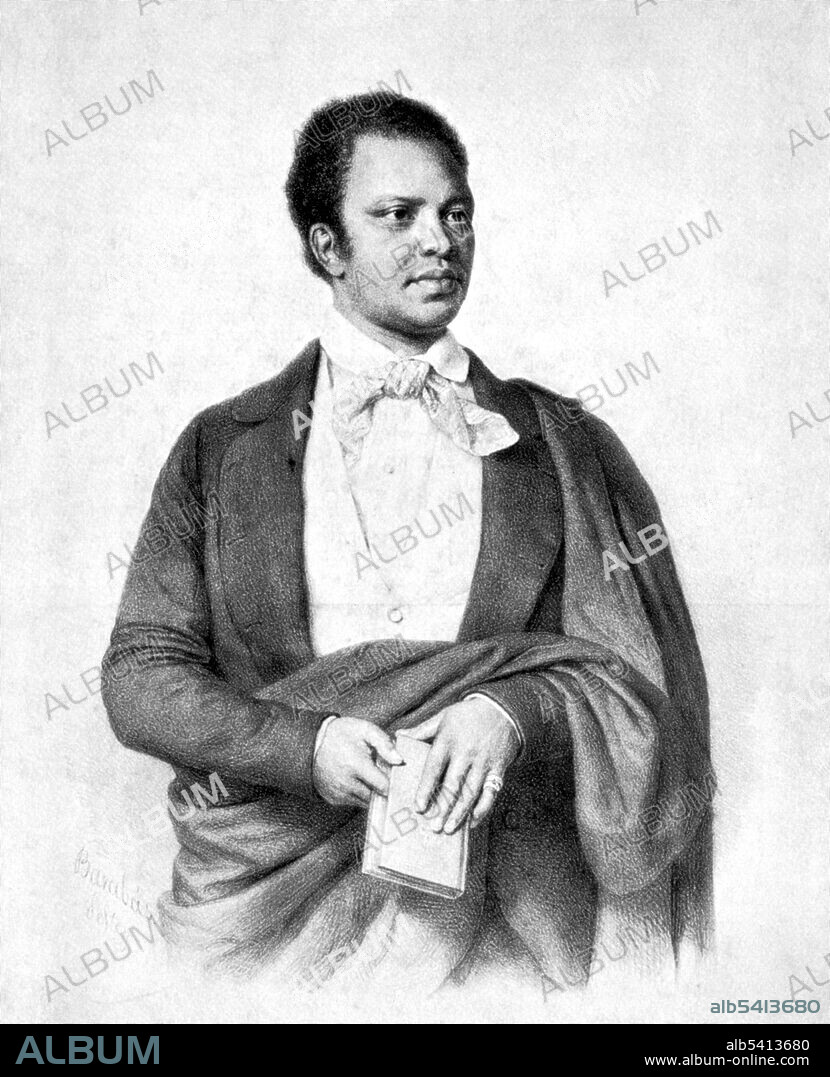 Ira Frederick Aldridge (July 24, 1807 – August 7, 1867) was an African-American stage actor and playwright who made his career largely on the London stage and in Europe. Born in NYC, Aldridge is the only actor of African-American descent honored with a bronze plaque at the Shakespeare Memorial Theatre at Stratford-upon-Avon. He was especially popular in Prussia and Russia, where he received top honors from heads of state. Aldridge spent most of his final years with his family in Russia and continental Europe, interspersed with occasional visits to England. He planned to return to the post-Civil-War US, but died in 1867 while visiting Poland. No artist credited, undated.
