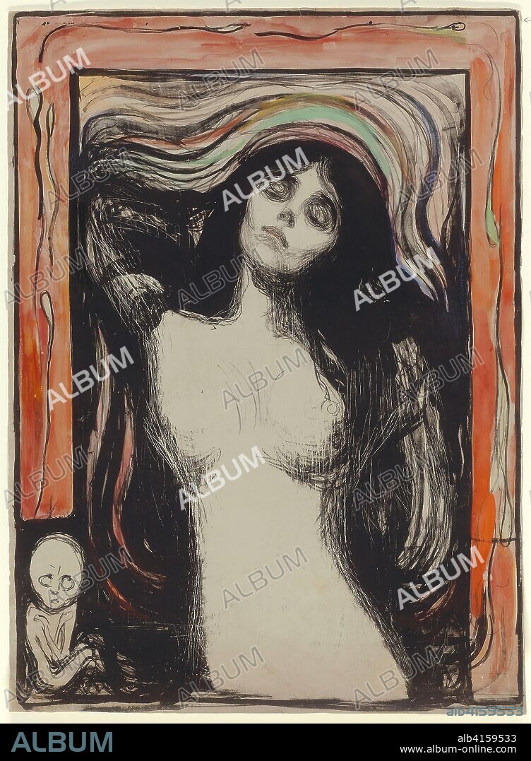Madonna. Edvard Munch; Norwegian, 1863-1944. Date: 1895-1896. Dimensions: 603 x 440 mm (image); 607 x 444 mm (sheet). Handcolored lithograph in black on mottled gray-blue wove paper (discolored to gray-green), laid down on white wove paper. Origin: Norway.