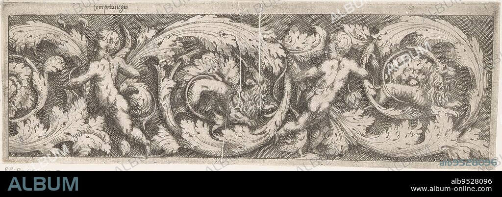 Frisian with arabesques, two putti and two lions Ornamental friezes with arabesques (series title), print maker: Giovanni Battista Pittoni (I), (mentioned on object), publisher: Nicolaus Valegn, Giovanni Battista Pittoni (I), print maker: Italy, publisher: Venice, 1561, paper, etching, h 105 mm - w 327 mm.