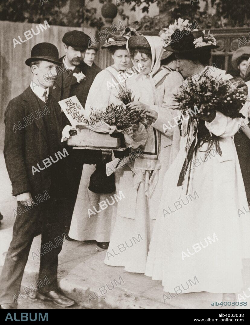 Christabel Pankhurst and Emmeline Pethick-Lawrence, British suffragettes, 18 September, 1908. Christabel Pankhurst and Emmeline Pethick-Lawrence, two of the leading members of the campaign to secure the vote for women, purchasing Scottish heather for the release from prison of fellow suffragette Mary Phillips.