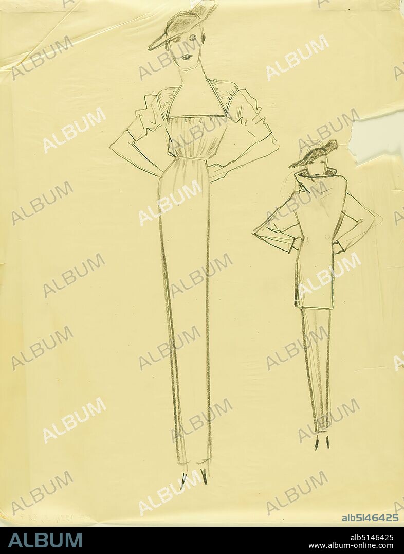 Ernst Dryden, two designs for women's fashion, glassine, pencil, drawing, pencil drawing, Total: Height: 35,8 cm; Width: 28 cm, fashion and textile design, drawing, graphics, design drawings, fashion, clothing, women's fashion.