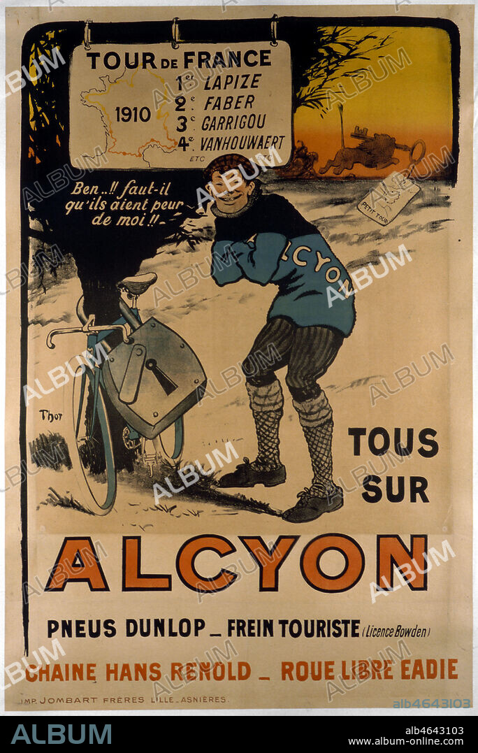 Affiche pour la marque de Cycles ALCYON, faisant reference au Tour de France 1910, les 4 premiers champions roulaient sur Alcyon. Credit Collection Perrin/KHARBINE-TAPABOR.