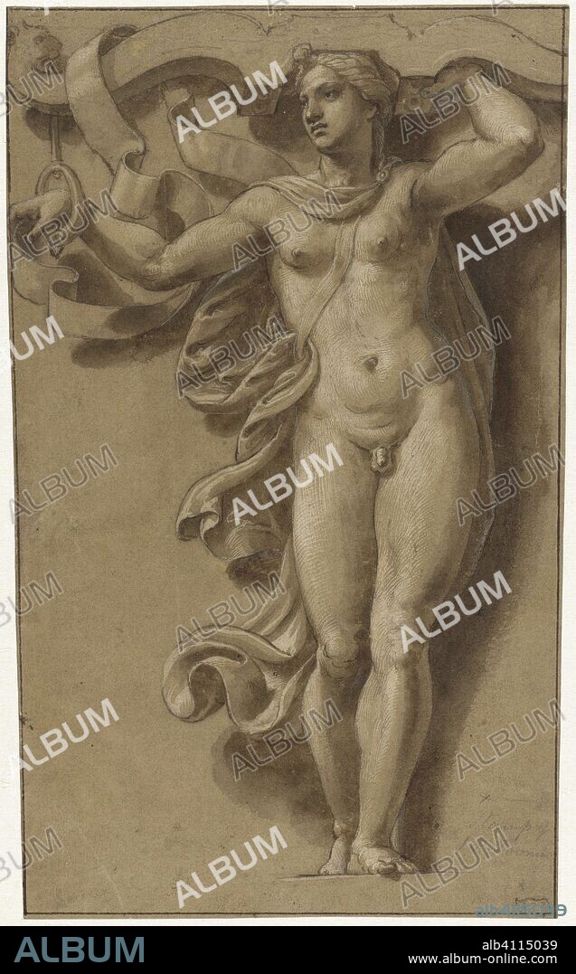 Hermaphrodite as Caryatid. Hermafrodiet als kariatide. Draughtsman: Giulio Romano. Dating: 1510 - 1521. Measurements: h 257 mm × w 150 mm.