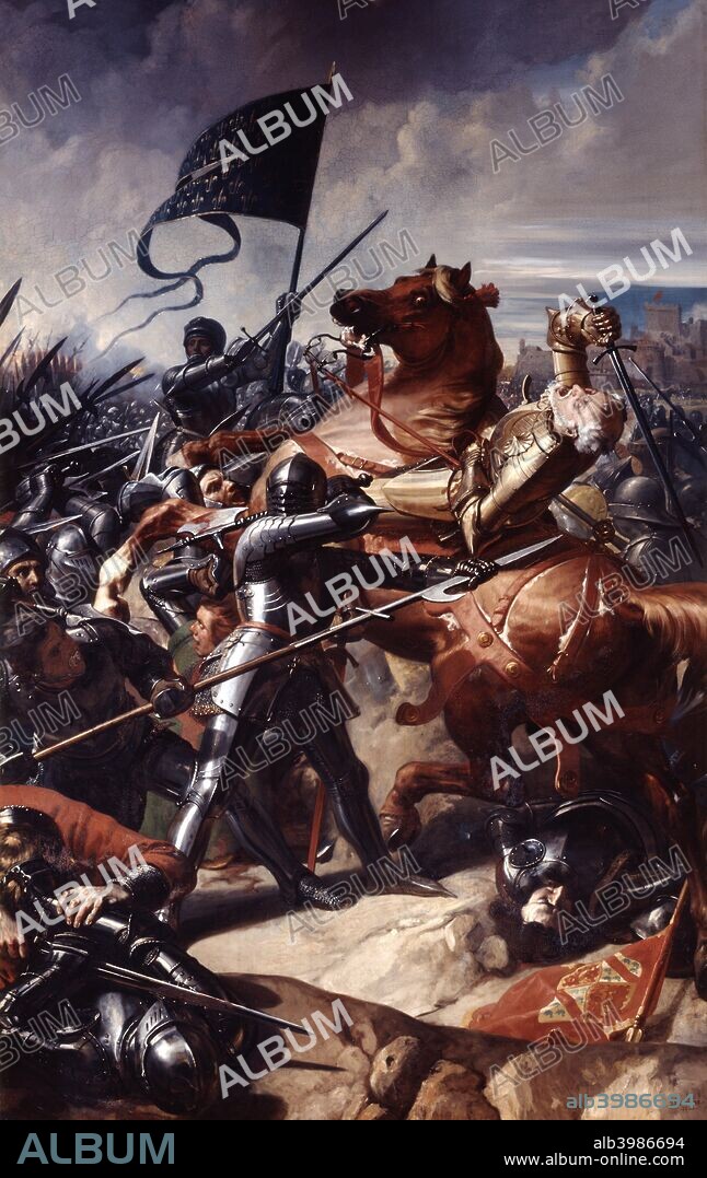 'Battle of Castillon', 1453 (19th century). A battle in the Hundred Years War in which the French and Breton army defeated the English under John Talbot, 1st Earl of Shrewsbury. The painting depicts the moment when Talbot's horse falls. The battle was the first in European history in which the use of cannon played a decisive part, and led to the English losing all their territorial possessions in France with the exception of Calais. From the Galerie des batailles (Gallery of Battles), Château de Versailles, France.