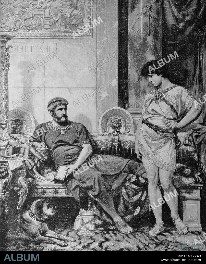 Roman Emperor Hadrian (76 AD-138 AD) and your favourite Antinous (111 AD-130 AD). Drawn by Otto Knille (1832-1898). Artistic Illustration, 1885, Spain.